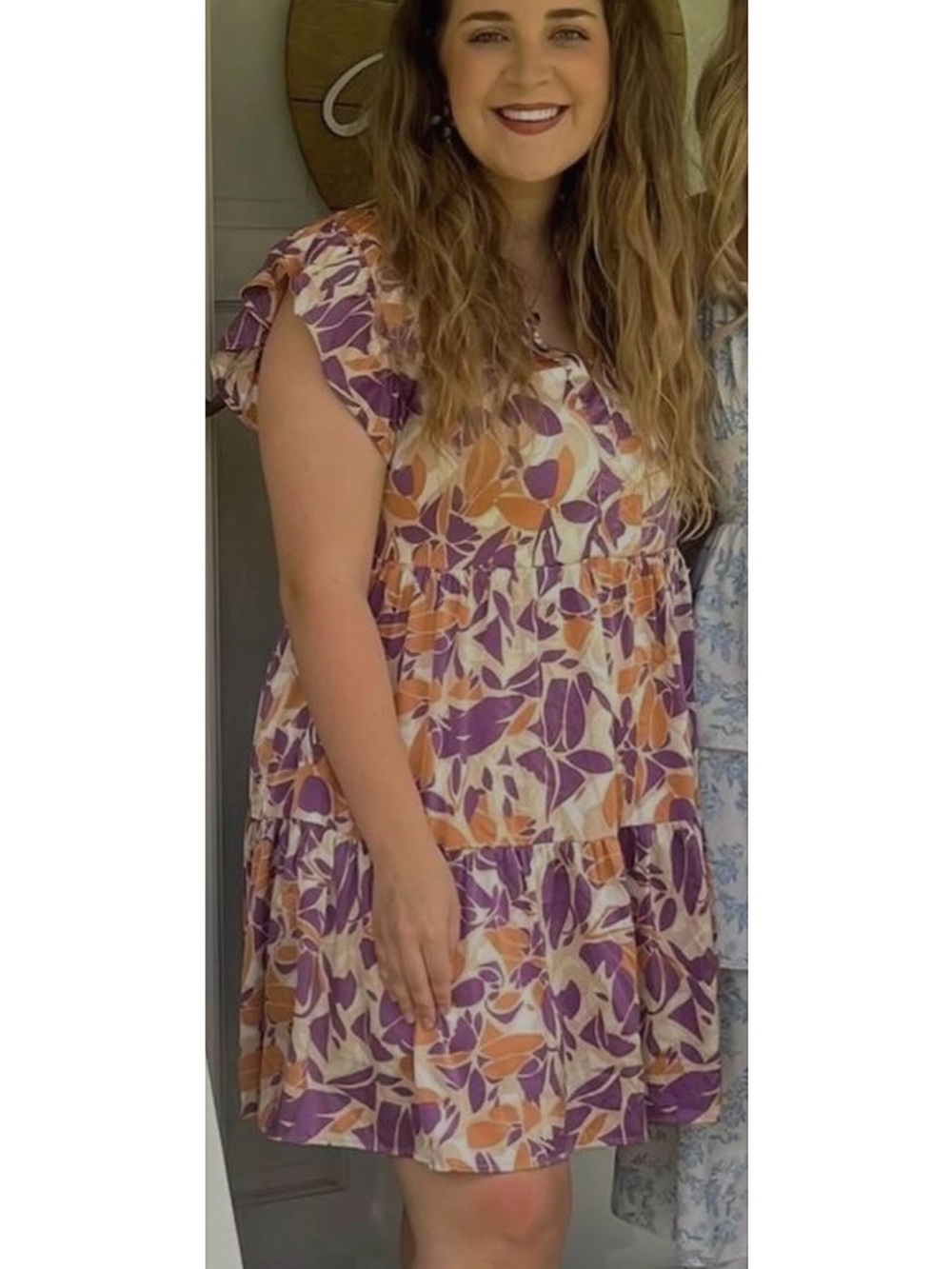 entro Purple & Orange Leaf Print V-Neck Dress - Picture 4 of 4
